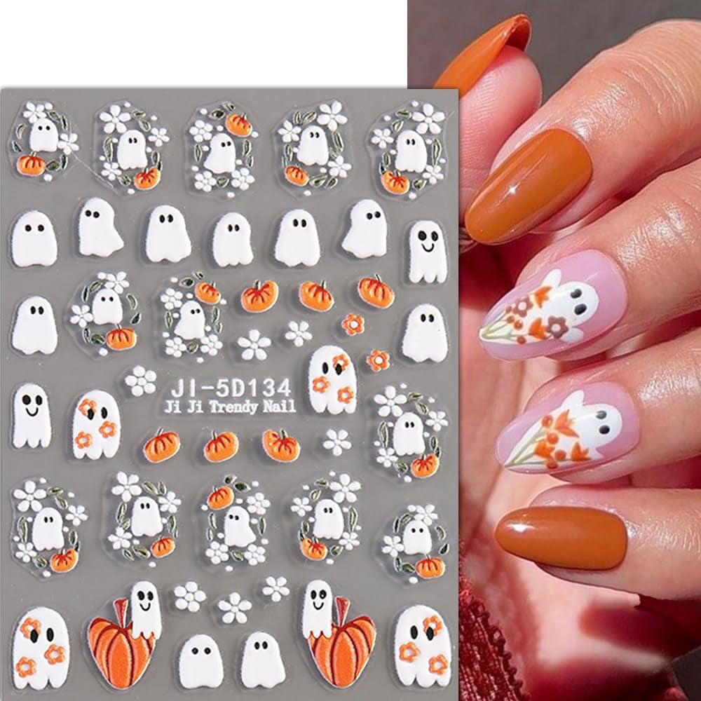 JMEOWIO 3D Nagelsticker Halloween Nail Art Sticker Selbstklebend Nagelaufkleber 5D Stereoskopisk Süßer Geisterkürbis Dekoration Nageldesign Zubehör 4 Blatt