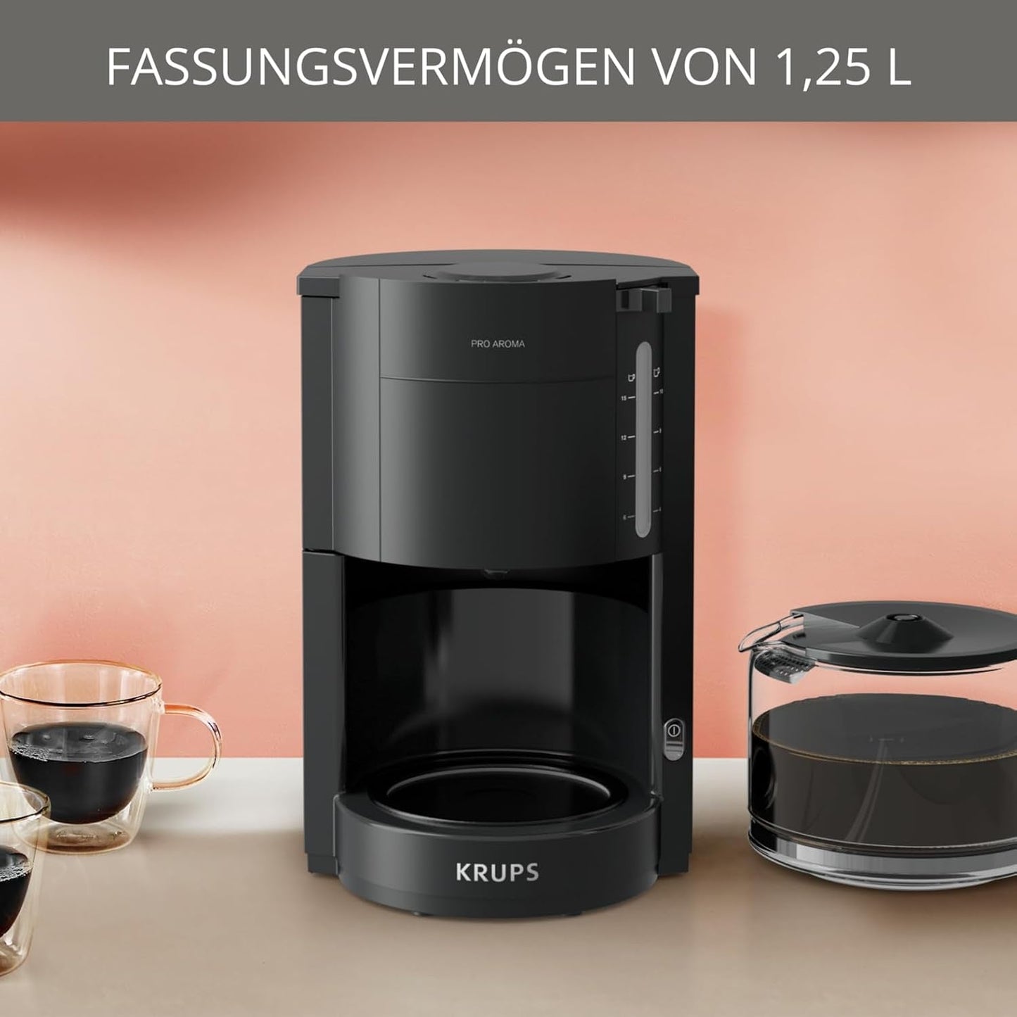 Krups F30908 ProAroma Espressomaskine med filter og glaskaraffel, kapacitet 1,25 l, 10-15 kopper, 1050 W, sort