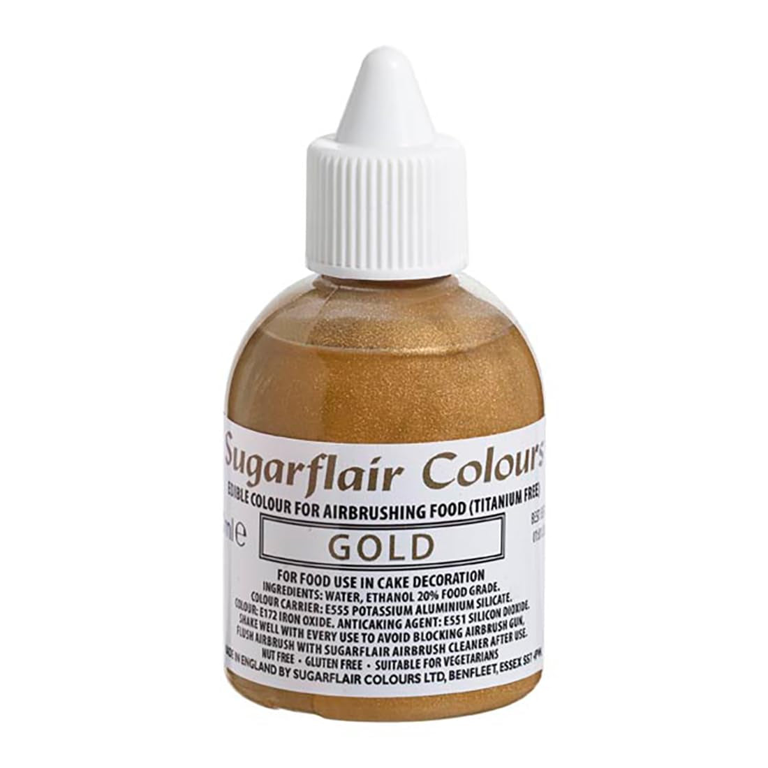 Sugarflair Gold spiselig madfarve, Airbrush-farve til kager, muffins, glasur og kagepynt - 60 ml