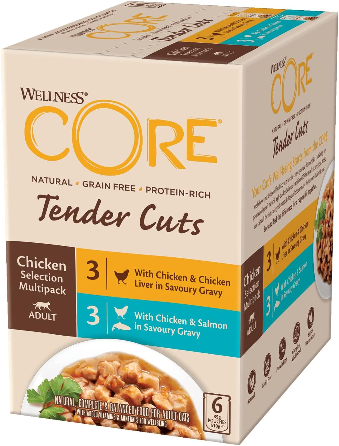 Wellness CORE Tender Cuts 6 x 85g, Kylling Selection Mix - Vådfoder til katte, møre stykker i sauce, kornfri, naturlig, hypoallergen, rig på protein, højt kødindhold