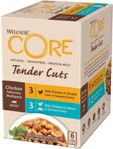 Wellness CORE Tender Cuts 6 x 85g, Kylling Selection Mix - Vådfoder til katte, møre stykker i sauce, kornfri, naturlig, hypoallergen, rig på protein, højt kødindhold