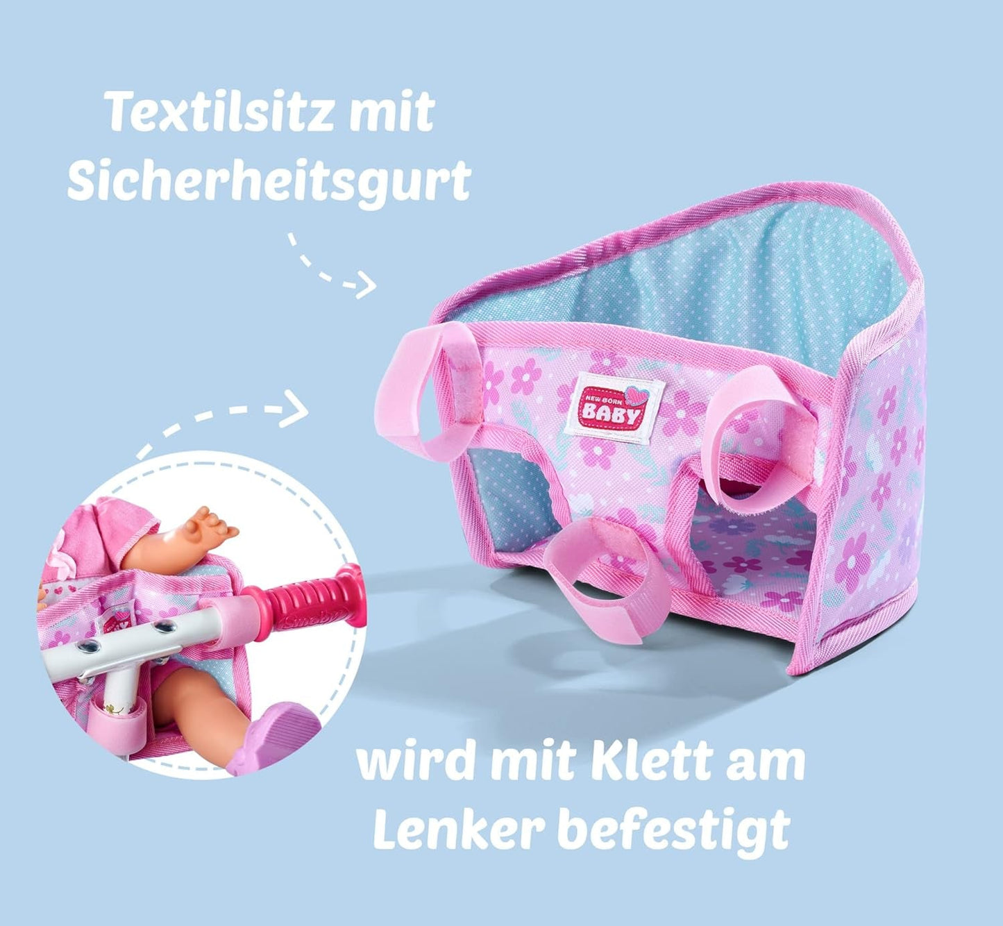 Simba 105560018 - Nyfødt cykelsæde med bælte, dukketilbehør, stofsæde, sikkerhedssele, velcrostyr, til 30-43 cm dukker, 3+