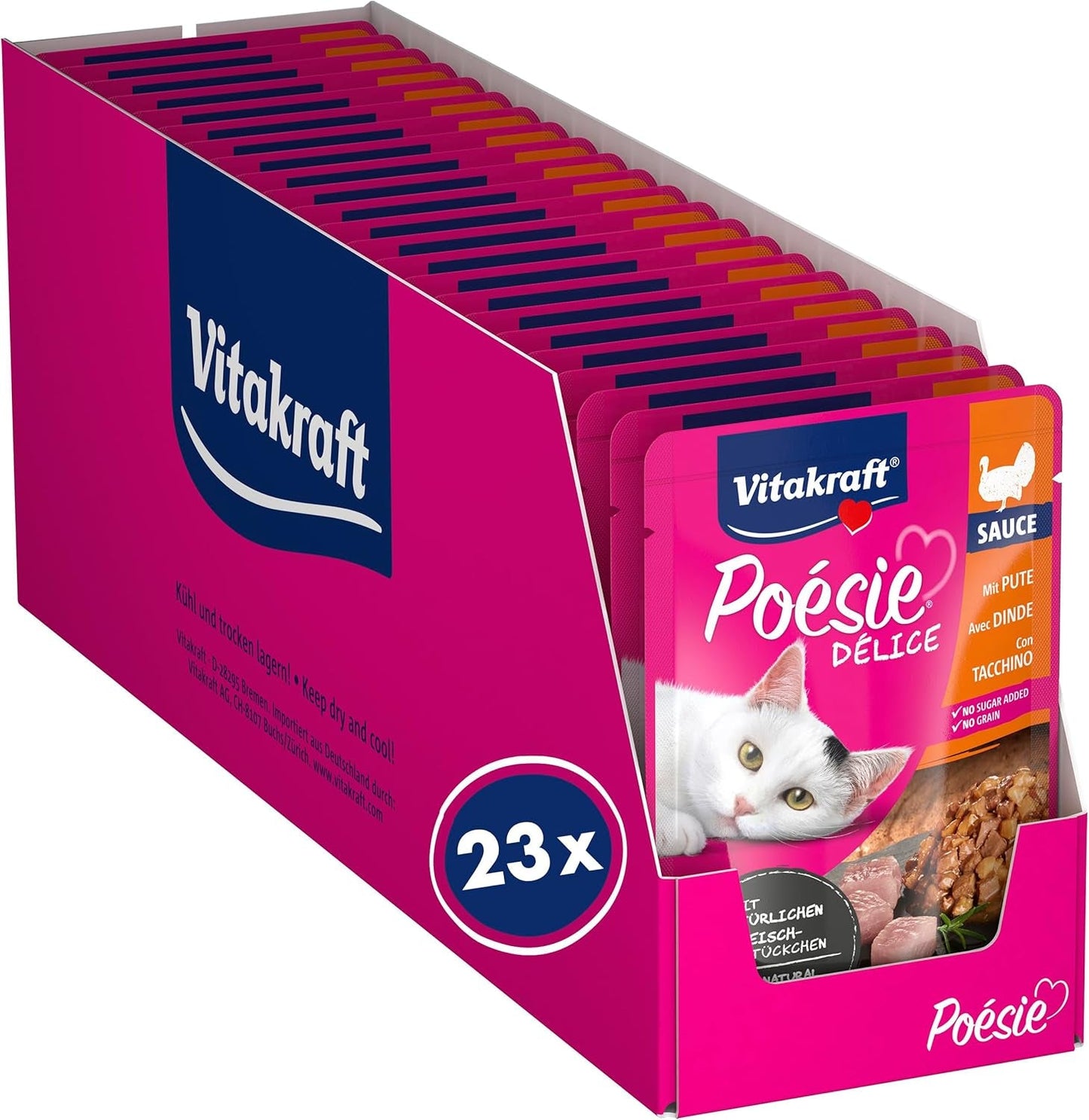 Vitakraft Poésie Délice, våd kattefoder, kattefoder i sauce, med kalkun, bulkpakning, uden tilsat sukker eller korn (23 x 85g)