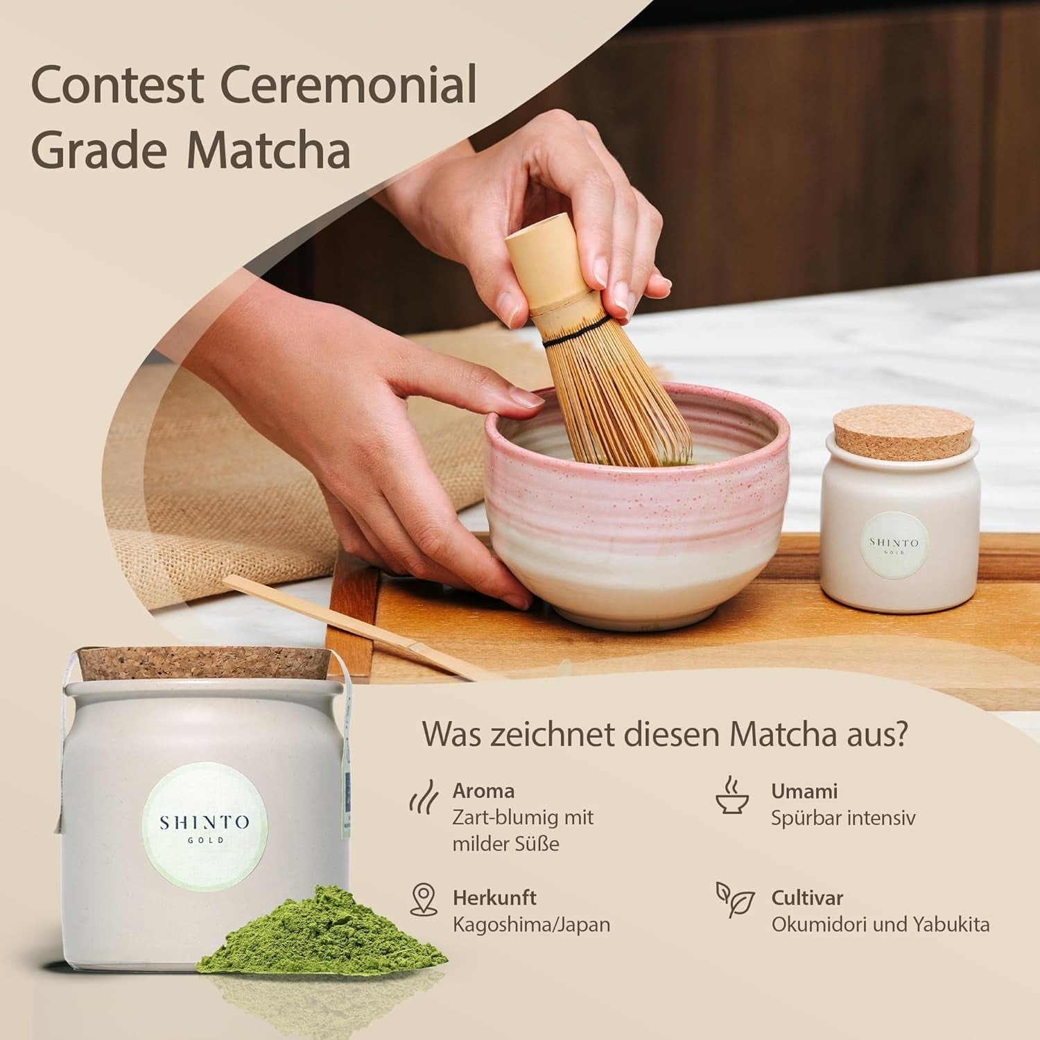 Shinto - "Gold" Organic Matcha Tea - Ceremoniel Grade Green Tea Pulver - JAS & EU BIO Certified - Shaded & Handplukket - Direkte import fra Uji, Japan - 30g