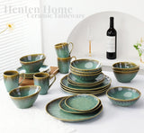 Henten Home Specialtallerkener i stentøj, snack- og sauceskåle - 20x17cm til 4 personer, morgenmadstallerkener i porcelæn - moderne grønt design