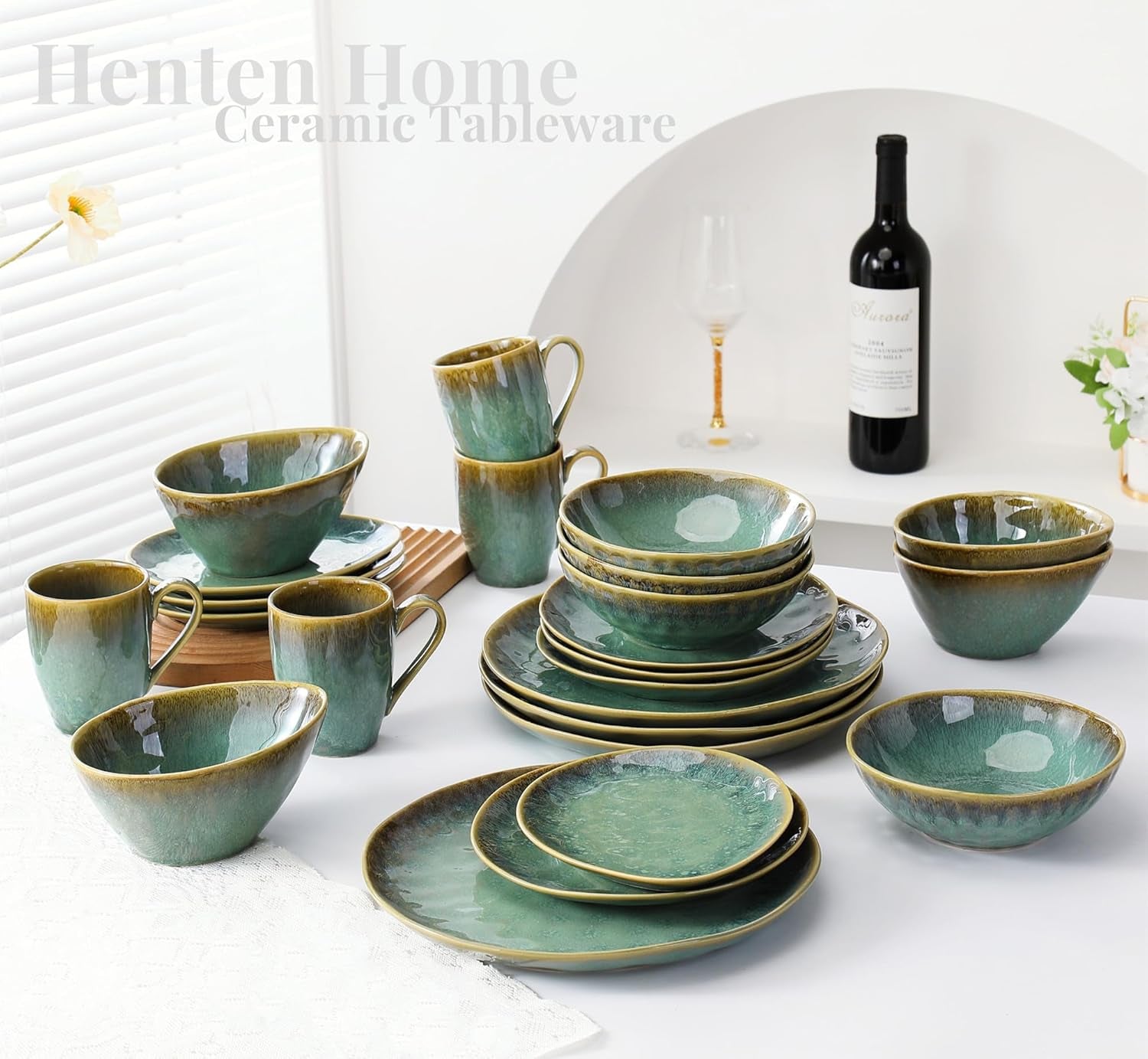 Henten Home Specialtallerkener i stentøj, snack- og sauceskåle - 20x17cm til 4 personer, morgenmadstallerkener i porcelæn - moderne grønt design