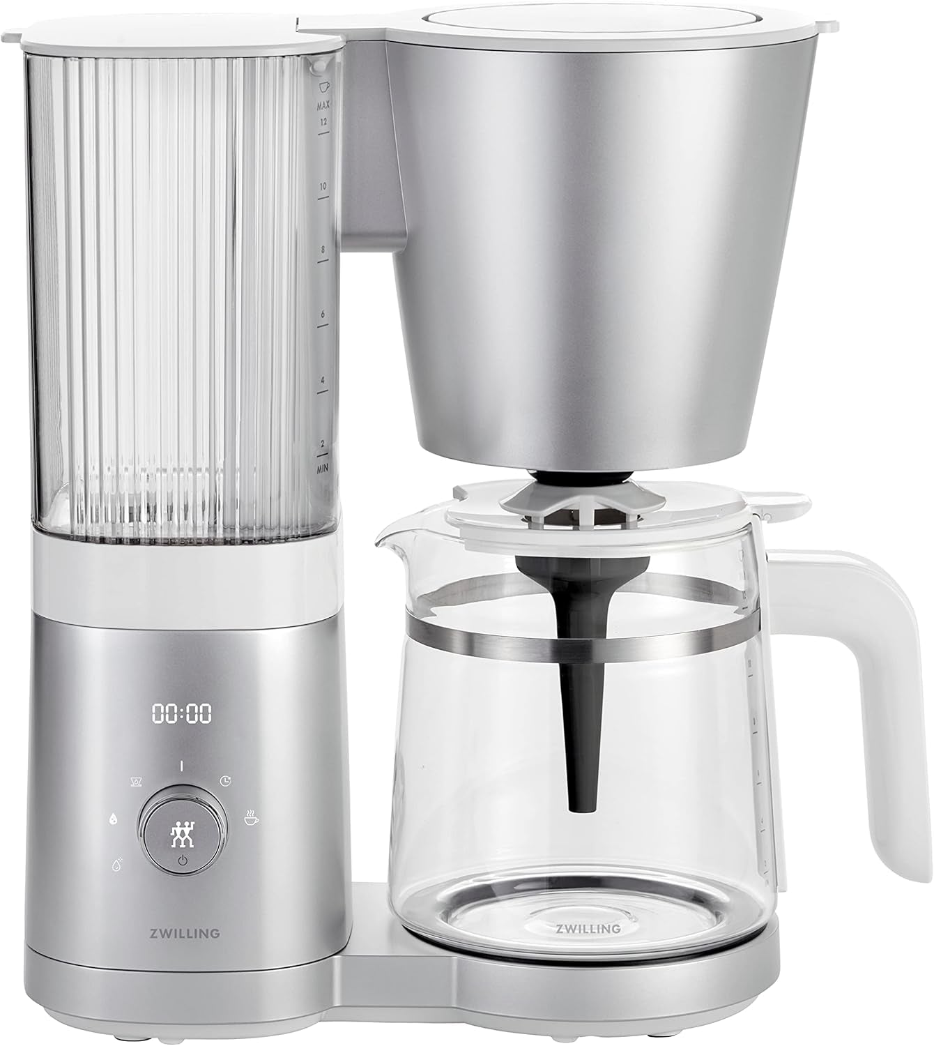 ZWILLING ENFINIGY Filter-espressomaskine med 1,5 l glaskaraffel, espressomaskine med rustfri stålkedel, blomstrende funktion og smart afkalkning, plastik, sølv