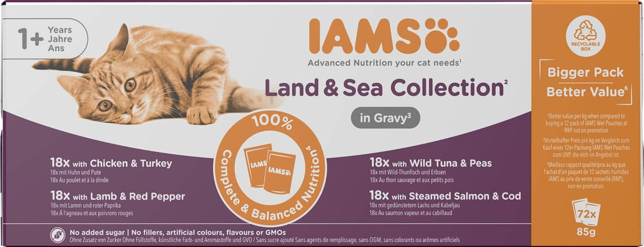 IAMS Delights Land & Sea Collection våd kattefoder - kød- og fiskesortiment Multipak i sauce, vådfoder til katte fra 1 år, 72 x 85 g