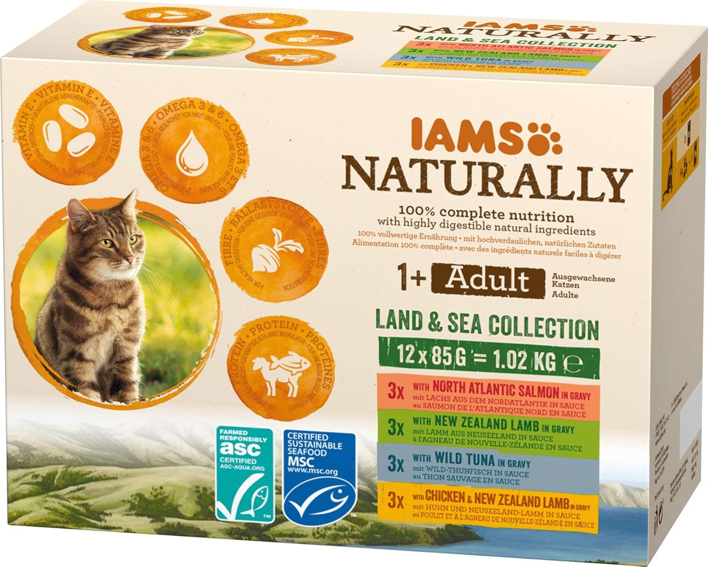 IAMS Natural Wet Cat Food i Sauce - Højkvalitets kød- og fiskevådfoder til voksne katte, Land & Sea Collection, 12 x 85g