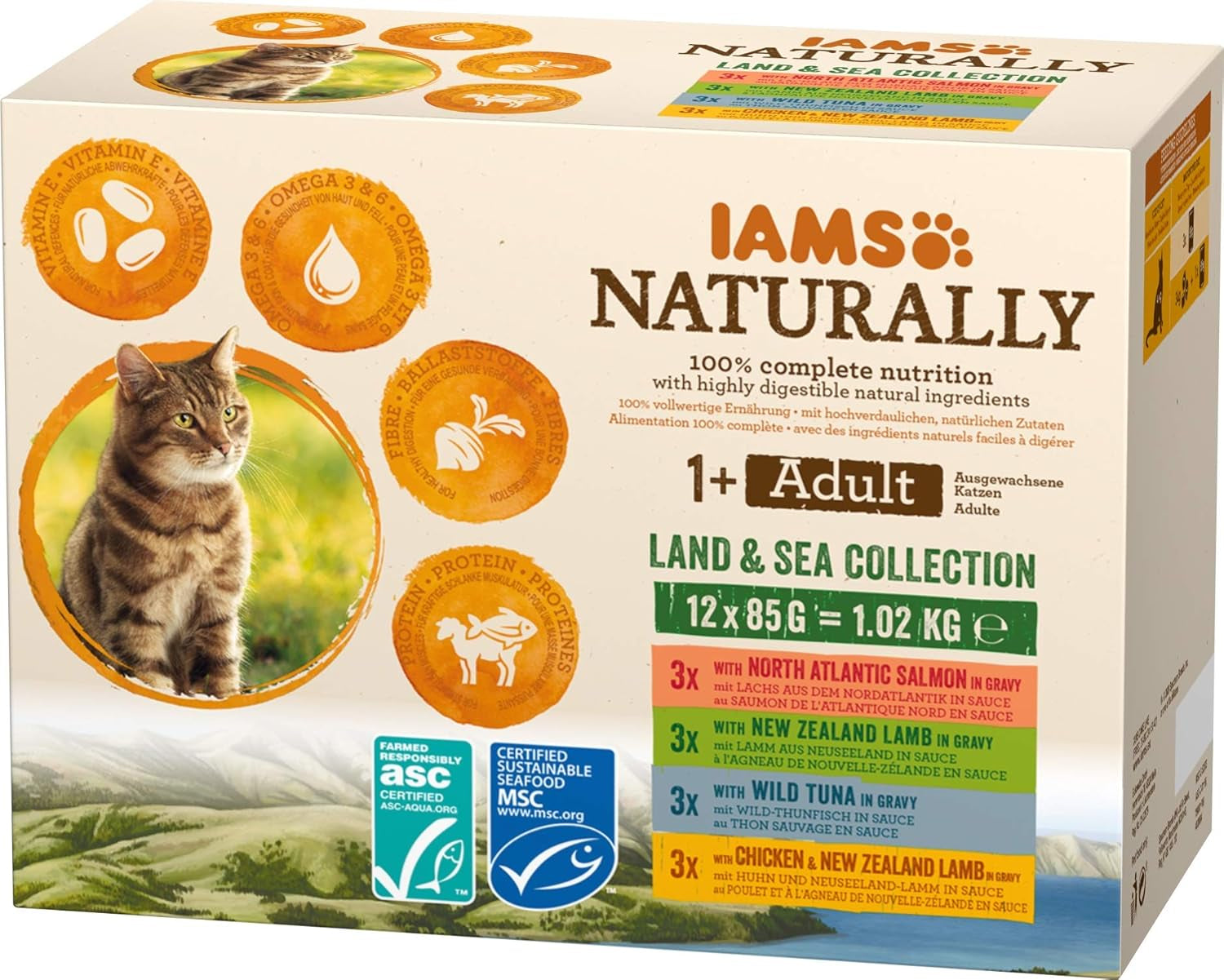 IAMS Natural Wet Cat Food i Sauce - Højkvalitets kød- og fiskevådfoder til voksne katte, Land & Sea Collection, 12 x 85g