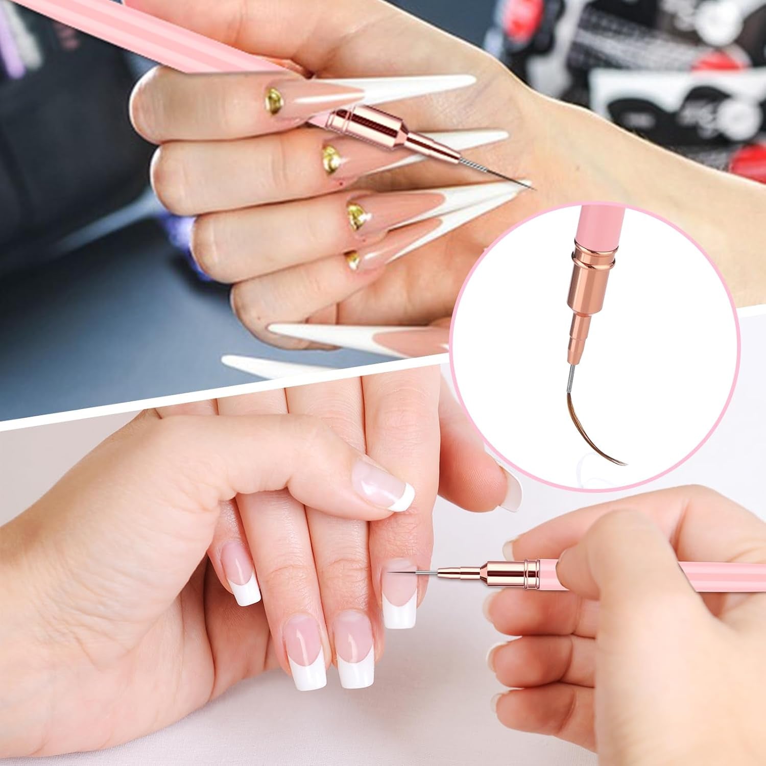 6 Stück Liner Nailart Pinsel Nageldesign Pinsel Sæt Dünn Acryl Nagelpunkt-Zeichenwerkzeug Nägel Dünne Nagelpinsel Sæt Für Lange Linien, Dünne Details, Feines Zichnen 5/7/9/11/15/25 Mm（Rosa）