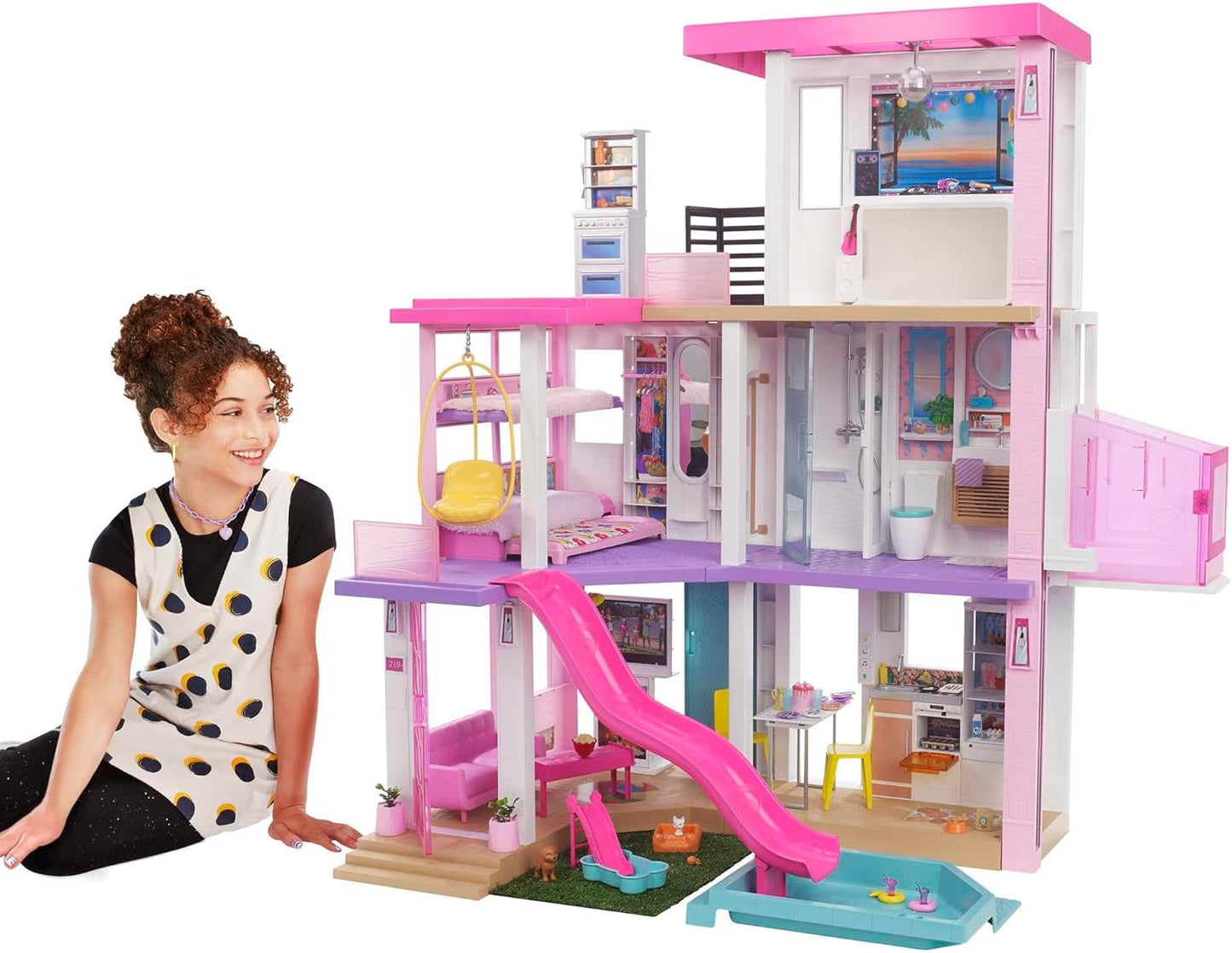 Barbie Dream House (114 cm), 3-etagers dukkehus, pool, rutsjebane, kørestolslift, 75 tilbehør, dukker, egnet som gave til børn fra 3 år og derover, GRG93 Naty Shop Dukkehuse 2021-version