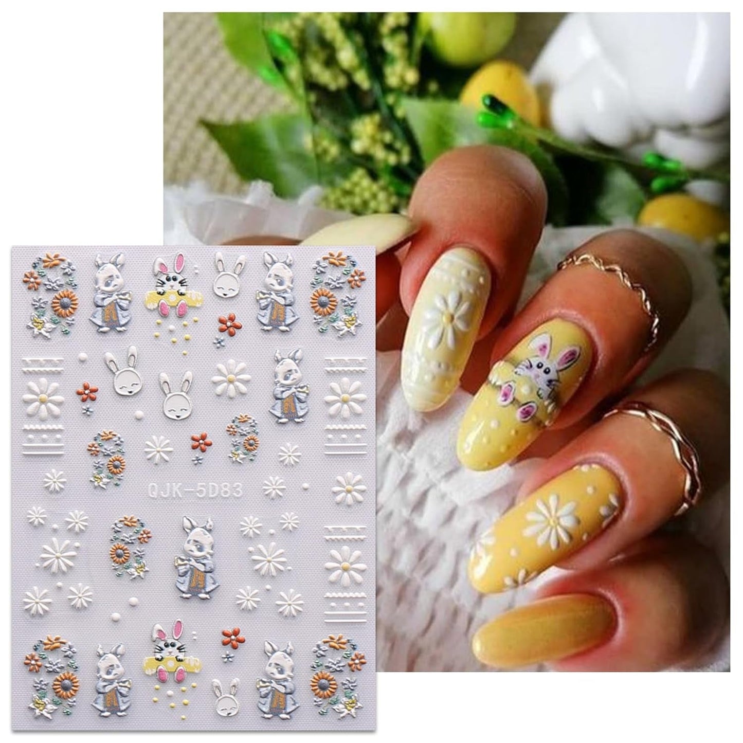 JMEOWIO 6 Blatt 3D Nagelsticker Ostern Nail Art Sticker Selbstklebend Nagelaufkleber 5D Stereoskopisk Süßer Hase Ei Dekoration Nageldesign Zubehör