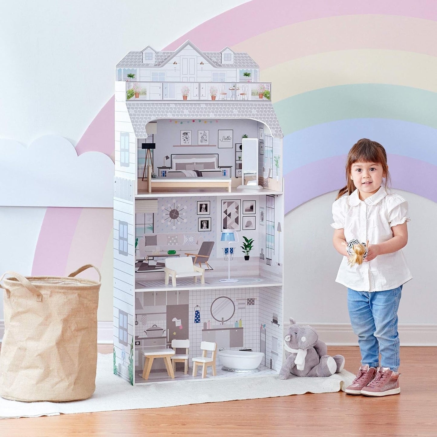 Teamson Kids Olivia's Little World Giant Dukkehus med møbler og tilbehør, trædukkehus, 3-lags legesæt til 30 cm dukker, 3+