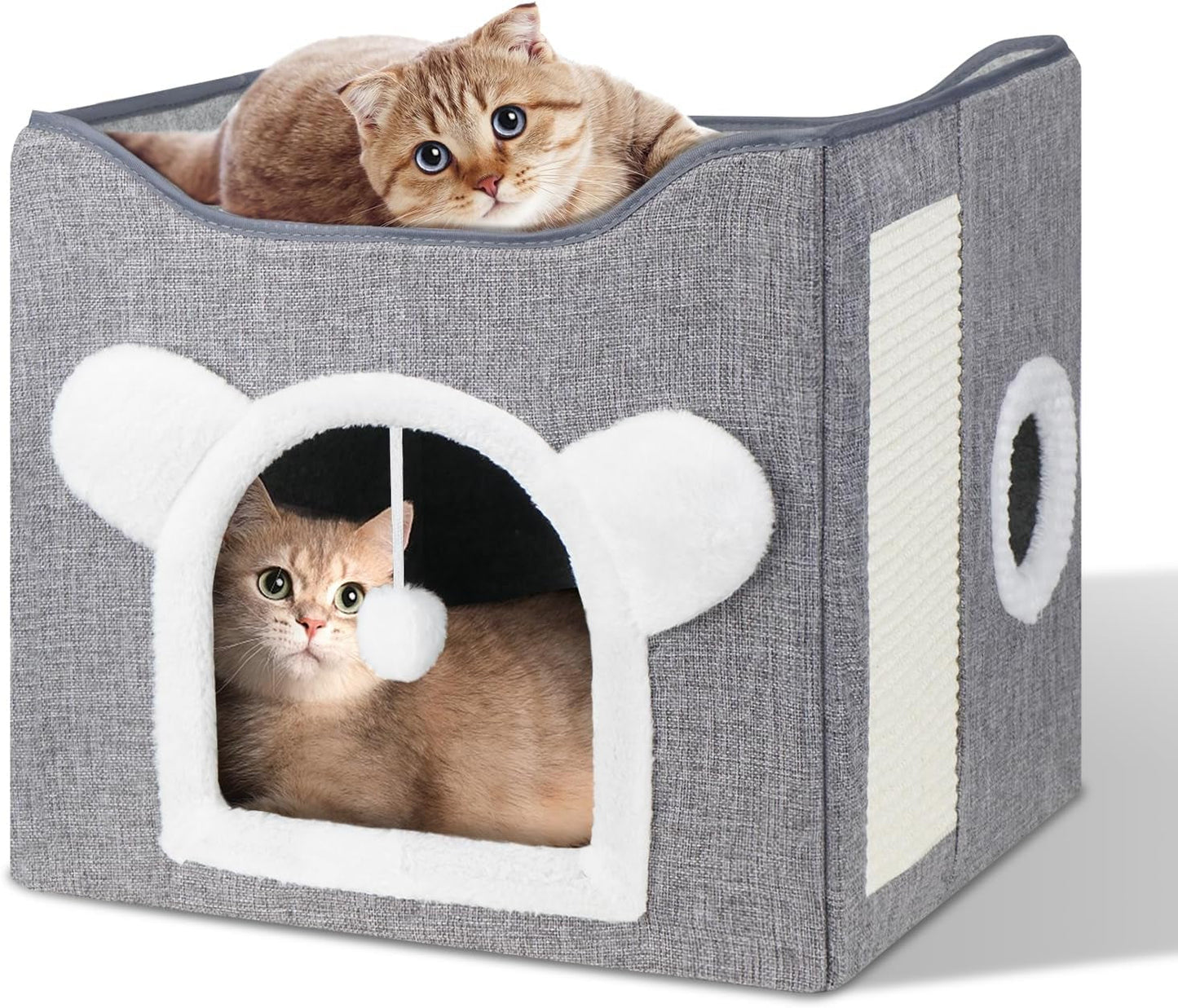 Katzenbetten für Indoor Katzen, Faltbares Katzenhaus, Katzenhöhle 2 Schicht Würfel Großer Raum Katzenbett med Kratzbrett und Spielball, 15,8 x 15,8 x 15 tommer