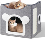 Katzenbetten für Indoor Katzen, Faltbares Katzenhaus, Katzenhöhle 2 Schicht Würfel Großer Raum Katzenbett med Kratzbrett und Spielball, 15,8 x 15,8 x 15 tommer