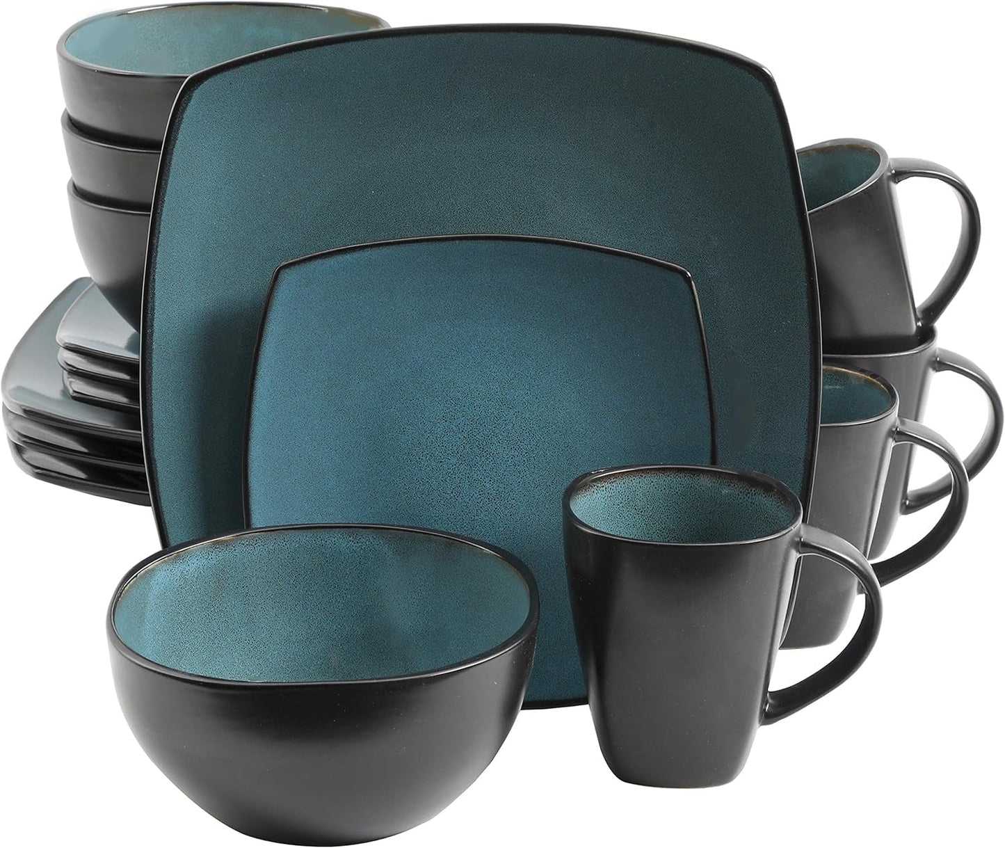 Gibson 99813.16R Elite Soho Lounge Reactive Glaze 4-personers servisesæt, 16 dele, blågrøn/sort tofarvet effekt