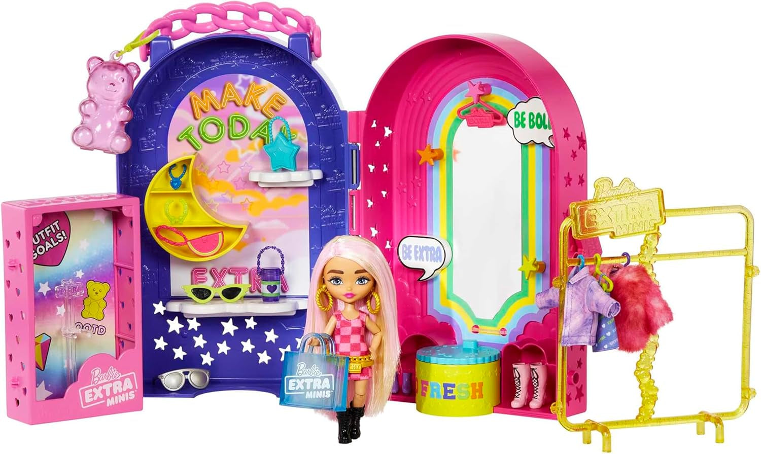 Barbie Extra Minis, Ekstra minidukke og boutique-legesæt, garderobe med skabe, hylder, spejle, 360 platform, ekstra minidukke med lyserødt hårtilbehør, HHN15