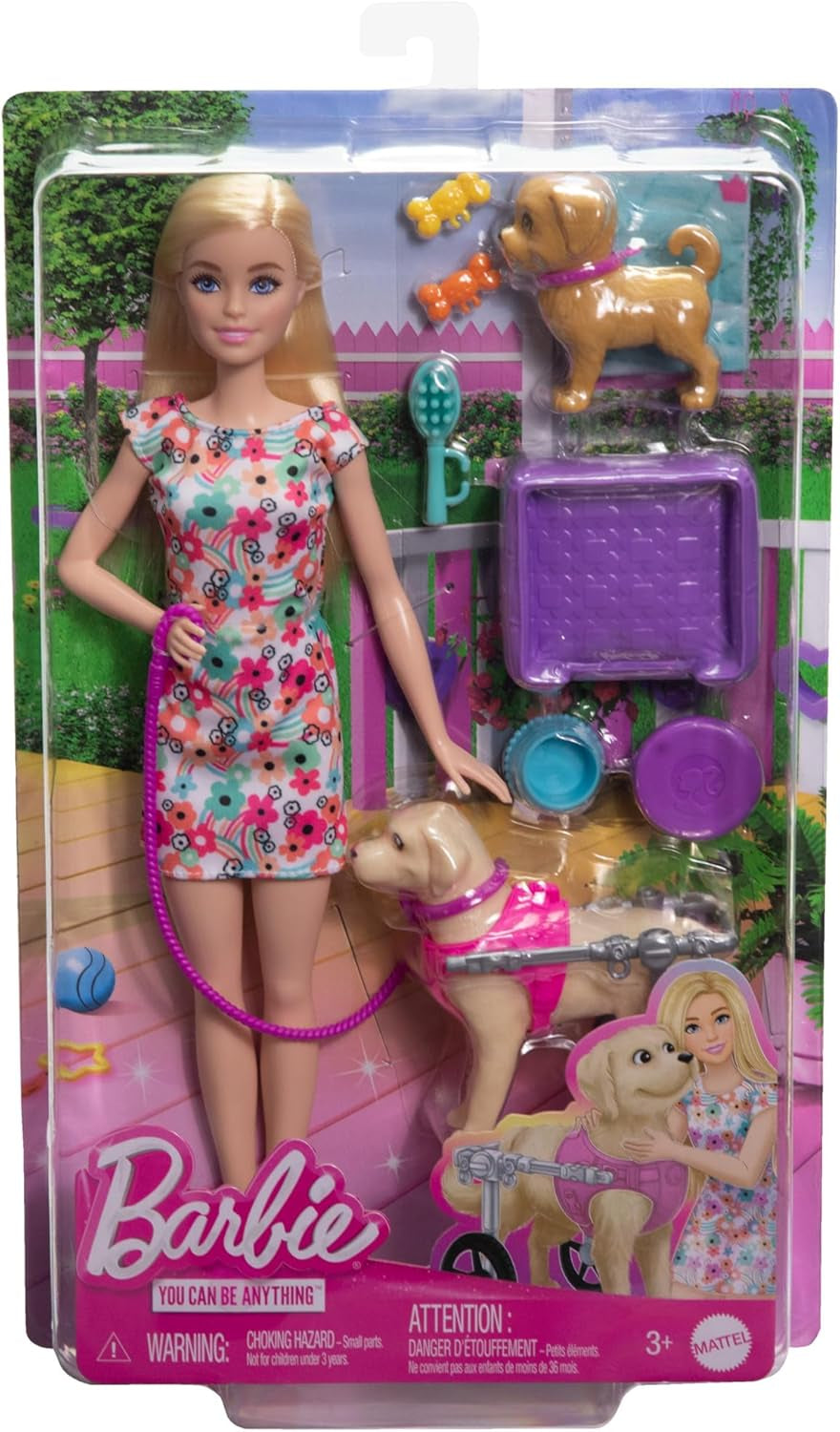 Barbie Dog Duo dukke og tilbehør, inklusive hvalp og stor hund med kørestol, snor, madskål, kæledyrsseng og knoglebelønninger, til alderen 3 og opefter, HTK37