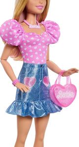 Moderigtig Barbie-dukke 71 cm blond med aftageligt tøj Pink top denimnederdel Cowboystøvler Halskæde og håndtaske HYT84