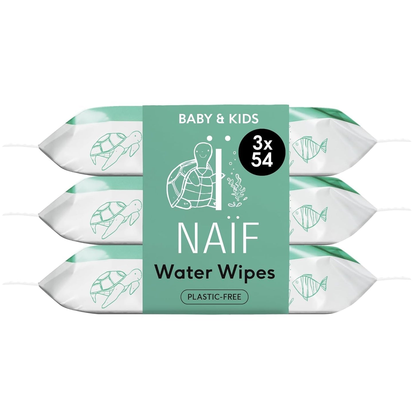 Naïf - Plastfri vådservietter - 162 stykker (3 pakker med hver 54 servietter) - Pleje af babys bund, krop og ansigt - 99% vand - 0% duft og alkohol