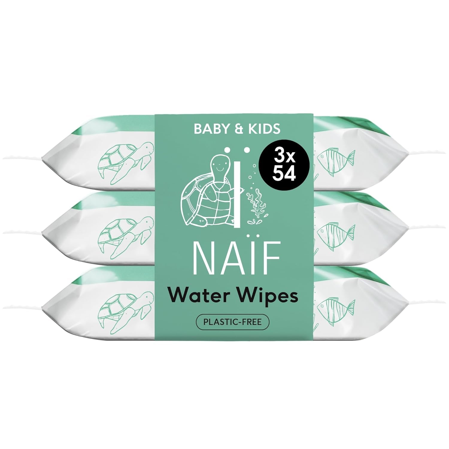 Naïf - Plastfri vådservietter - 162 stykker (3 pakker med hver 54 servietter) - Pleje af babys bund, krop og ansigt - 99% vand - 0% duft og alkohol