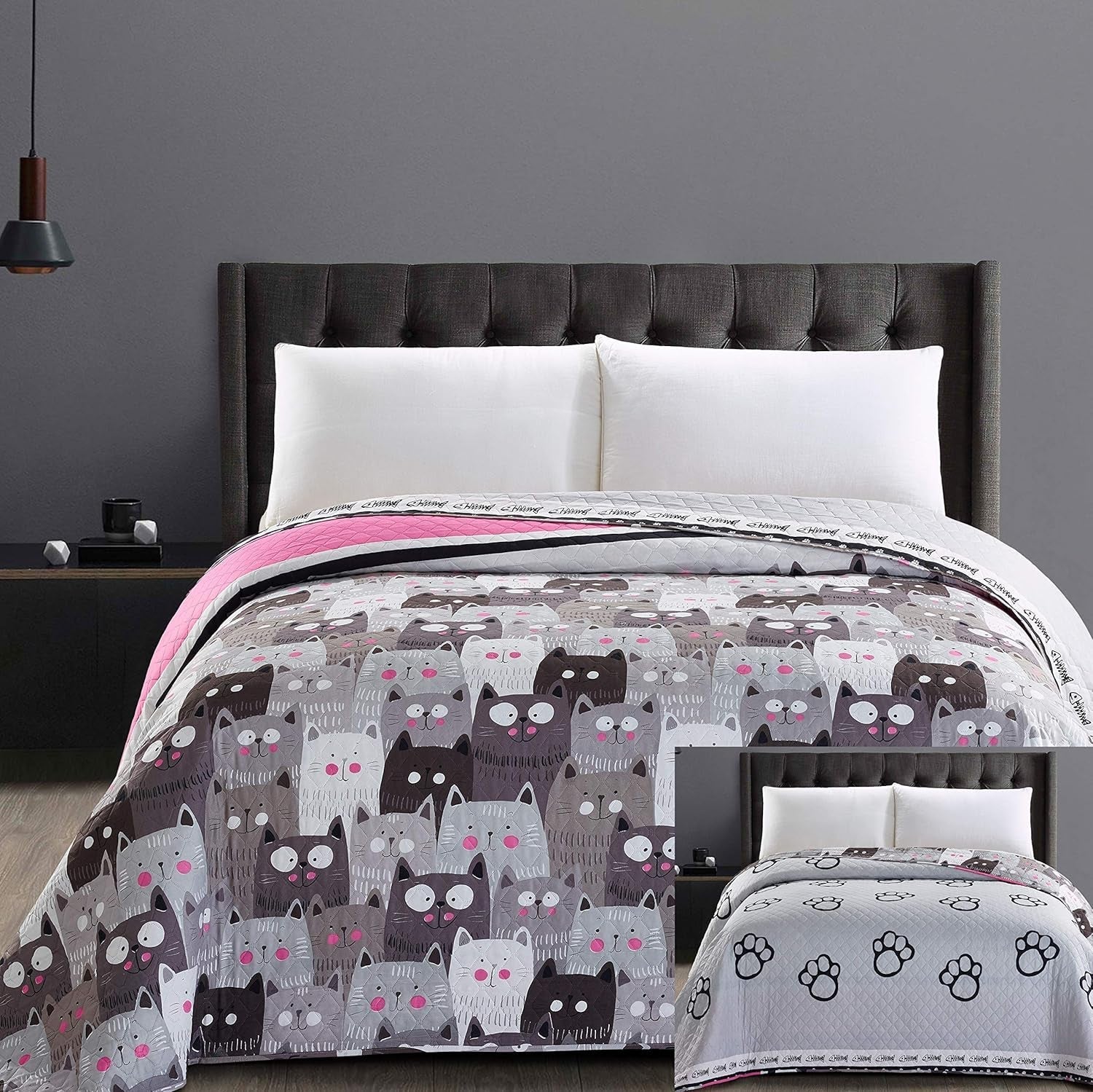 Decoking 32350 Sengetæppe 220X240 Cm Dobbeltsidet microfiber sengetæppe nem at vedligeholde Beige Lysebrun Kakaobrun Grå Stål Antracit Grafit Sort Hvid Pink Katte Invasion af katte Senge og tæpper Beuche den DecoKing-Store 220X240 Cm