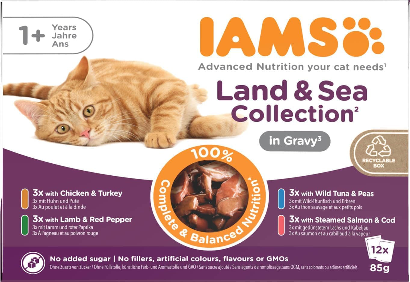 IAMS Delights Land & Sea Collection våd kattefoder - kød- og fiskesortiment Multipak i sauce, vådfoder til katte fra 1 år og derover, 12 x 85 g