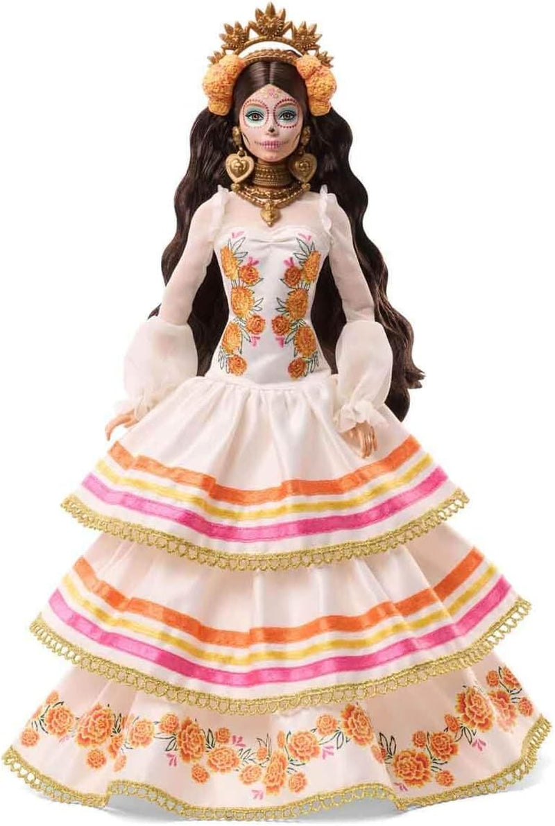 Barbie Signature Day of the Dead 2025 dukke-samlerfigur i cremefarvet kjole med flæser, morgenfruer og sløjfer, blomsterkrone i hår og Calavera-ansigtsmaling, JBJ05
