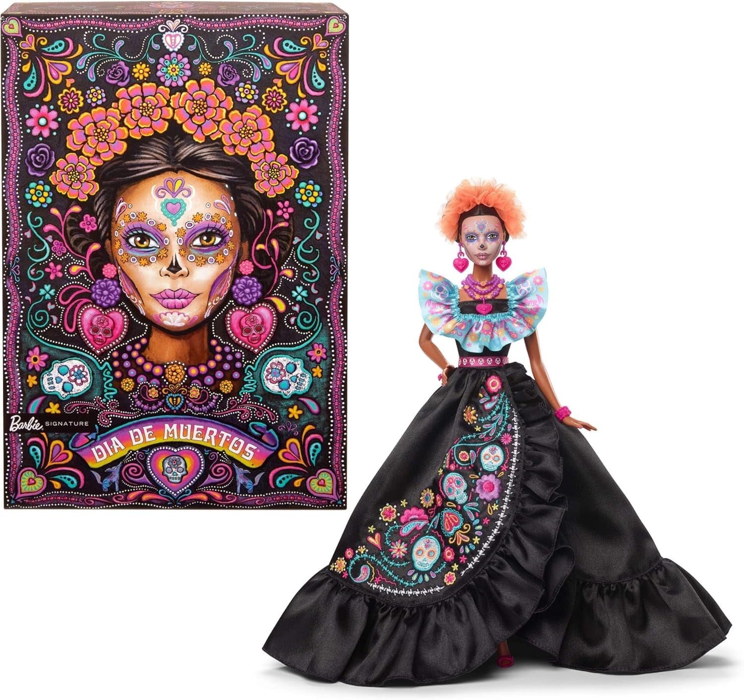 Barbie-signaturdukke, Día De Muertos 2024 samlerfigur i sort kjole og blå flæsede top, broderet print og farverigt tilbehør, HRM72