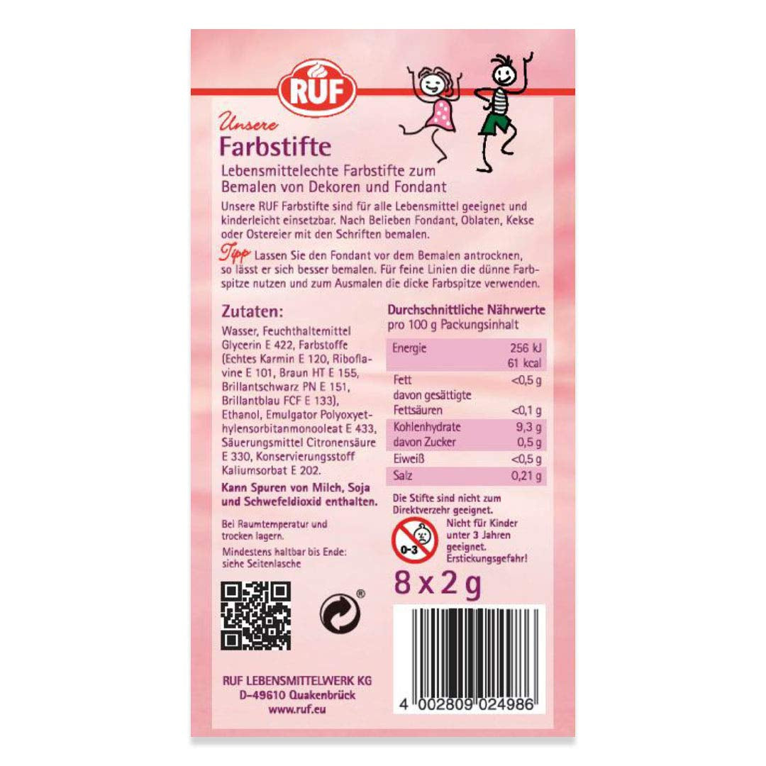RUF madfarvepenne Sæt med 8 sikre madfarvepenne til maling og skrivning på fondant og lignende sukkerpenne med 2 spidser hver