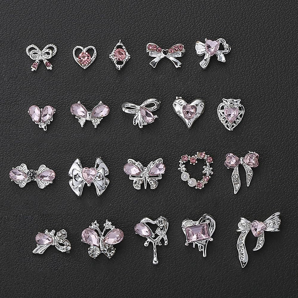 Luxus Rosa Diamant Nagel Charms 3D Butterfly Nail Art Charms Bow Nail Charms Y2K Heart Charms Nägel Tilbehør Schmetterling Herz Schleife Nageldesign Edelsteine ​​​​Strasssteine ​​Glitzersteine ​​​​Nagelschmuck