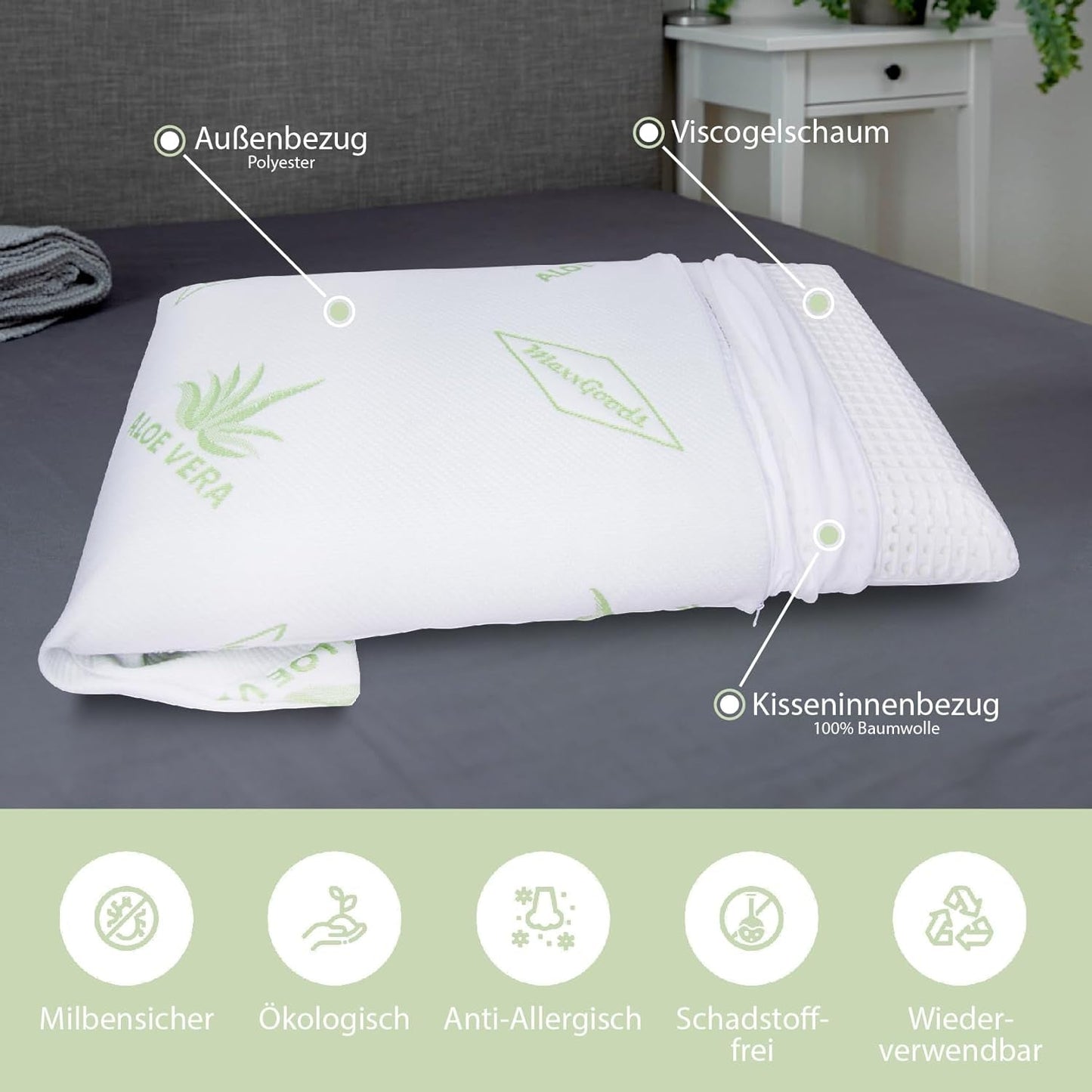 Maxxgoods ortopædisk pude Visco Gel Foam Nakkestøttepude med Aloe Vera beskyttelsesbetræk og 100 % bomuld indvendigt betræk - pude til mave, ryg og sidesove (42 cm x 70 cm x 12 cm) Cervikal ortopædiske puder Naty Shop