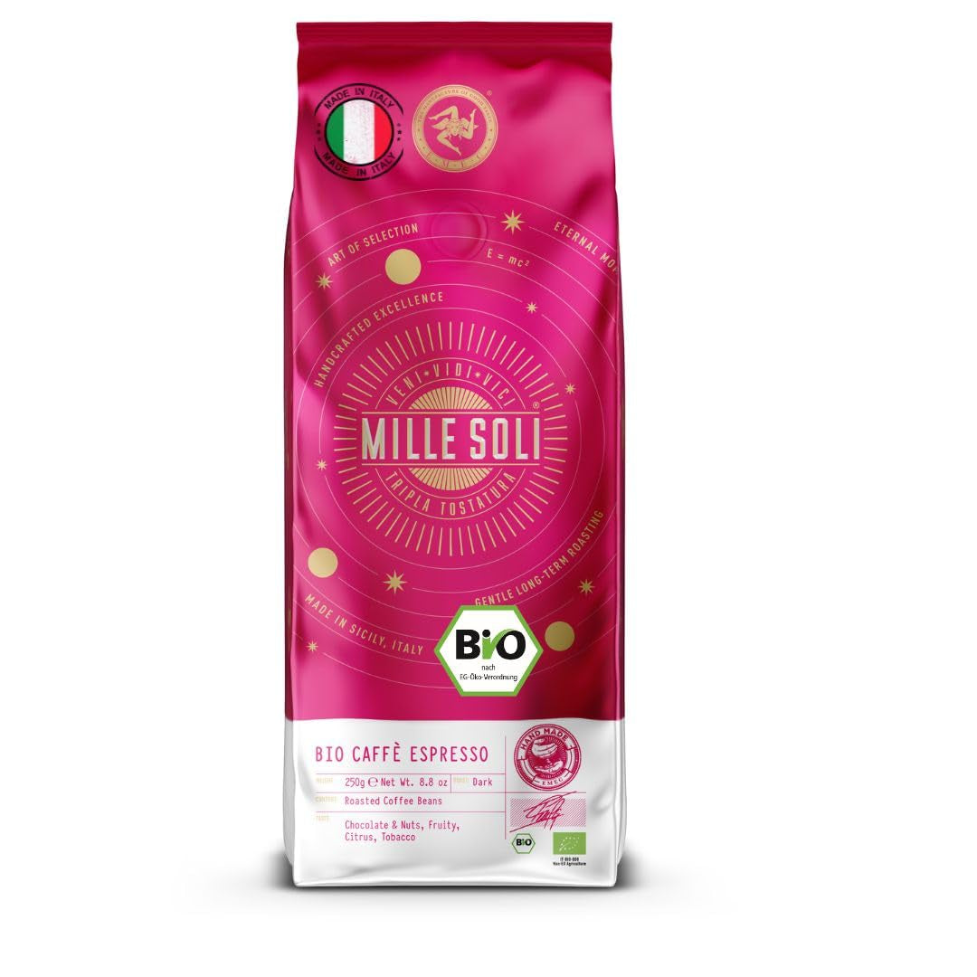 Caffè Økologiske espressobønner 250 g - 100 % økologiske - Ristet på Sicilien - Århundreder gammel håndlavet ristemetode - Premium espressobønner til fuldautomatiske maskiner og portafilter