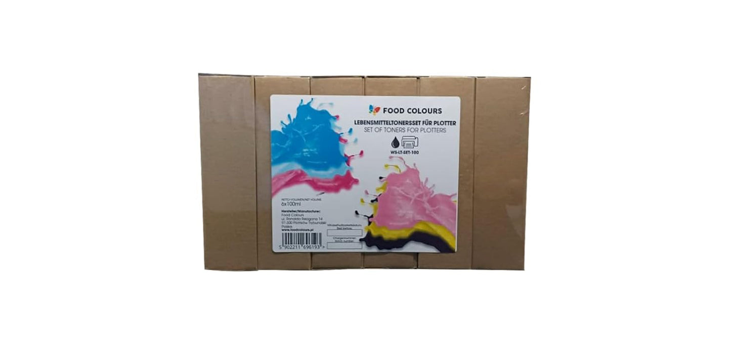 Madfarvesæt med spiselig blæk til plottere 6 x 100 ml | Lys cyan | Cyan | Lys magenta | | Magenta | Gul | Sort | Spiselig tryk, wafer papir trykning, dekorativ kage topping