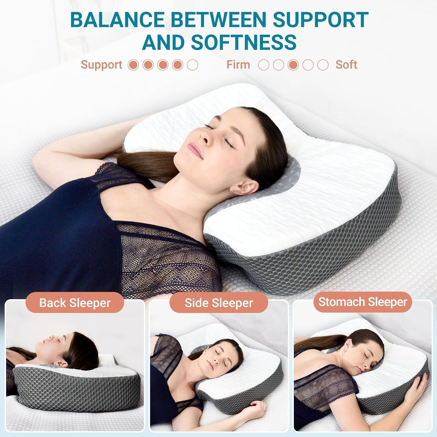 Elviros Memory Foam Ortopædisk pude Nakkesmertepude Sovepude Ergonomisk nakkepude Nakkestøttepude Anti-snorkepude til sidesover Mavesover Hvide cervikale ortopædiske puder Naty Shop