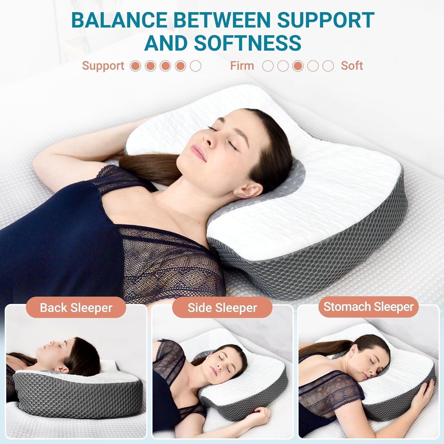 Elviros Memory Foam Ortopædisk pude Nakkesmertepude Sovepude Ergonomisk nakkepude Nakkestøttepude Anti-snorkepude til sidesover Mavesover Hvide cervikale ortopædiske puder Naty Shop