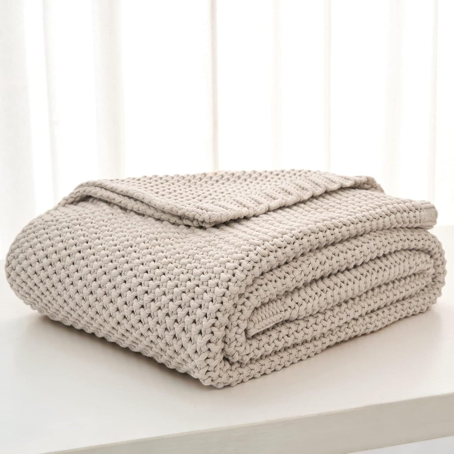 Chunky strik tæppe, Letvægts, Beige, 100% økologisk bomuld, Tæppe til sofa, sofa, seng, barn, børneværelse, Rustik, Shabby chic, Moderne bondehus, 152,4 X 203,2 cm, Inklusiv vaskepose Senge og tæpper Longhui sengetøj