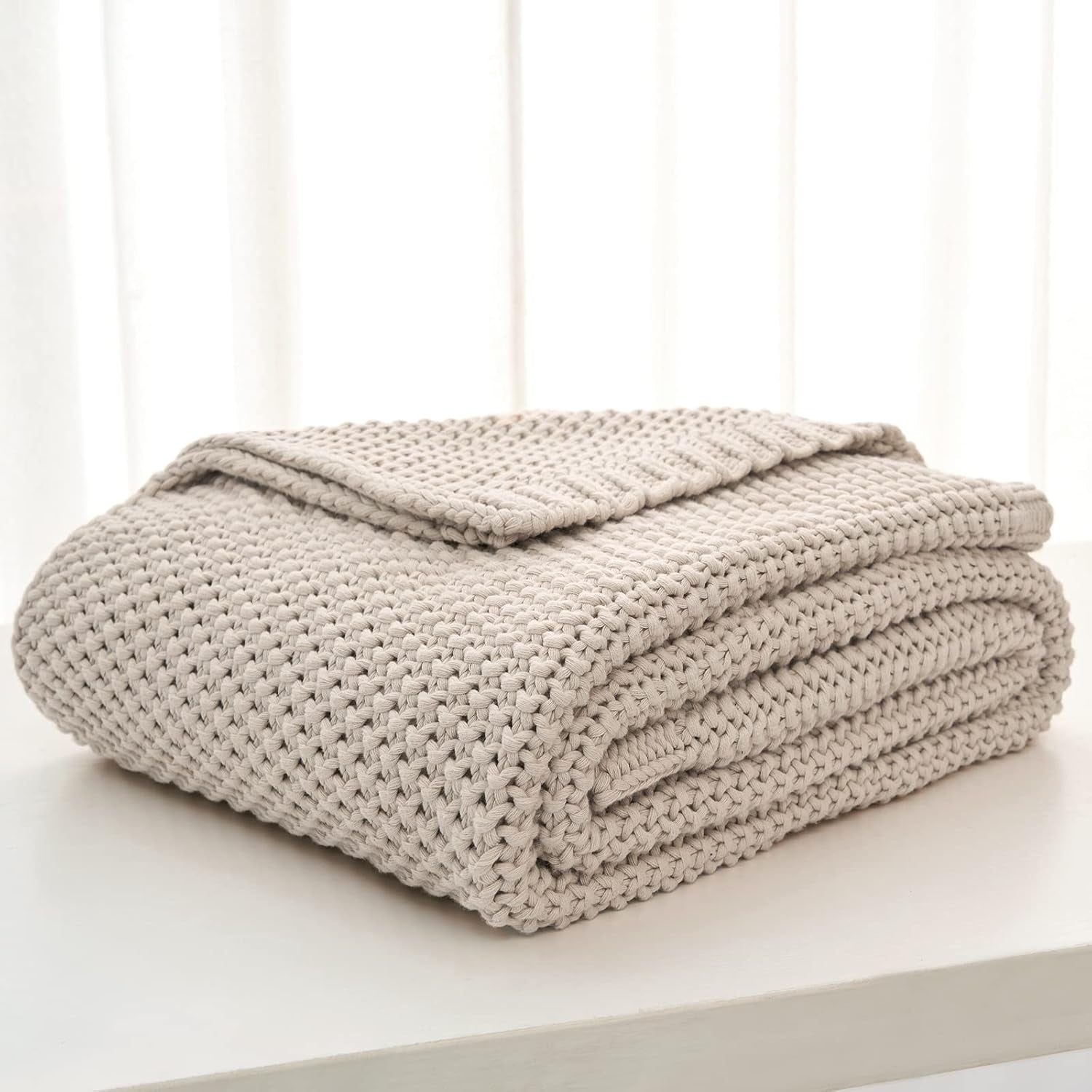 Chunky strik tæppe, Letvægts, Beige, 100% økologisk bomuld, Tæppe til sofa, sofa, seng, barn, børneværelse, Rustik, Shabby chic, Moderne bondehus, 152,4 X 203,2 cm, Inklusiv vaskepose Senge og tæpper Longhui sengetøj
