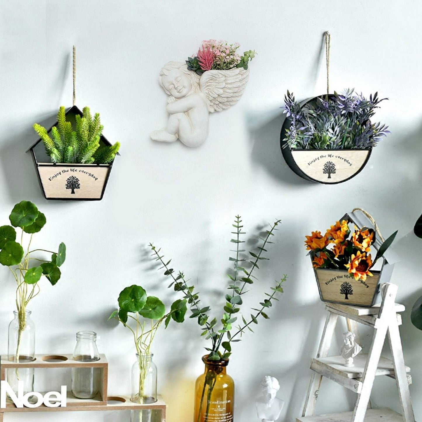 Væg og flad overflademonteret plantepotte 20 cm Højde Engelhoved Vægmontering Blomsterstand Vase Dukke Ansigt Harpiks Pottebord Plantebeholder potter