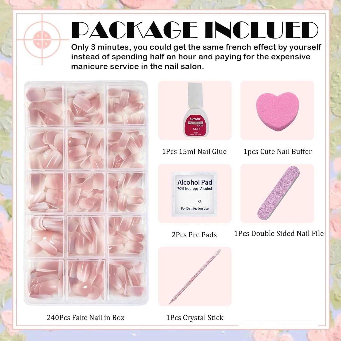 240 stk. Korte falske neglesæt - Korte naturlige kunstige falske negle til lim på - Nude Gradient Kunstige negle til Box Nail Extensions (Nude Gradient)