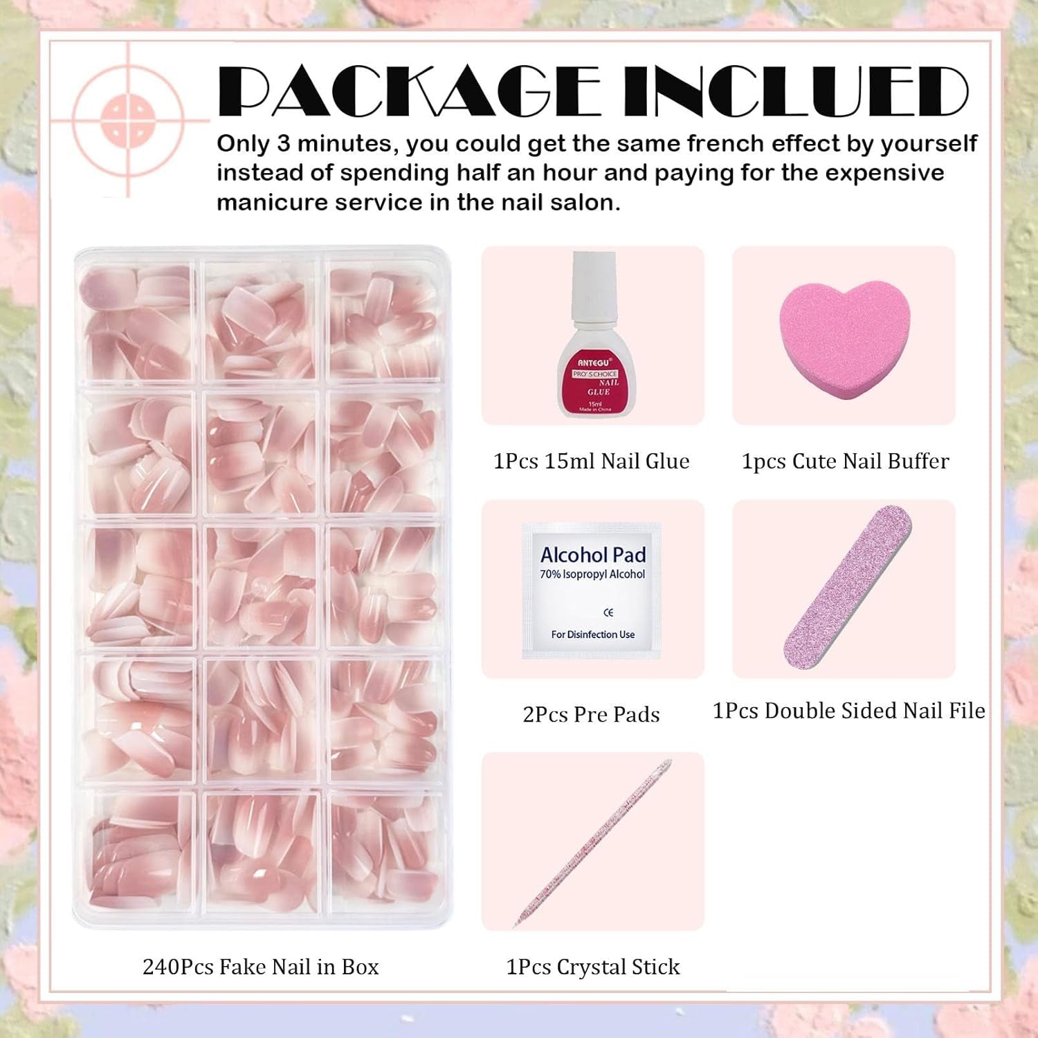 240 stk. Korte falske neglesæt - Korte naturlige kunstige falske negle til lim på - Nude Gradient Kunstige negle til Box Nail Extensions (Nude Gradient)