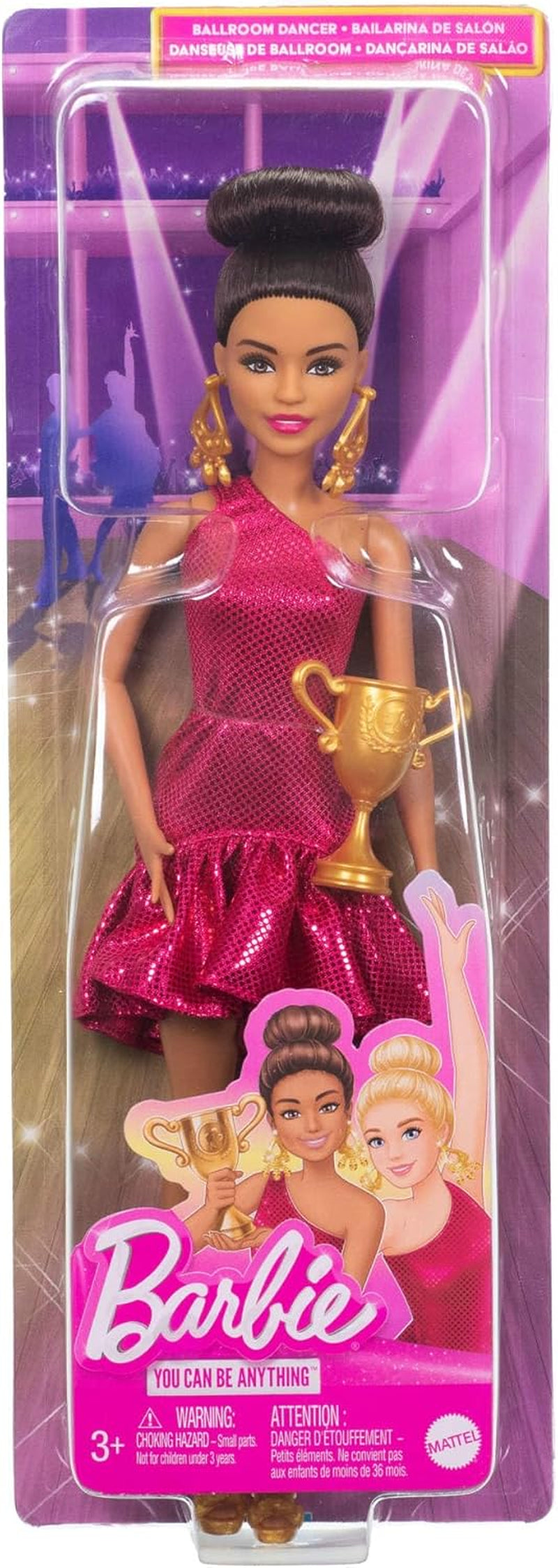 Barbie-turneringsdanserdukke i rød flæsende kjole, dansesko, brunt hår og tilbehør til dansepokaler, JFR09