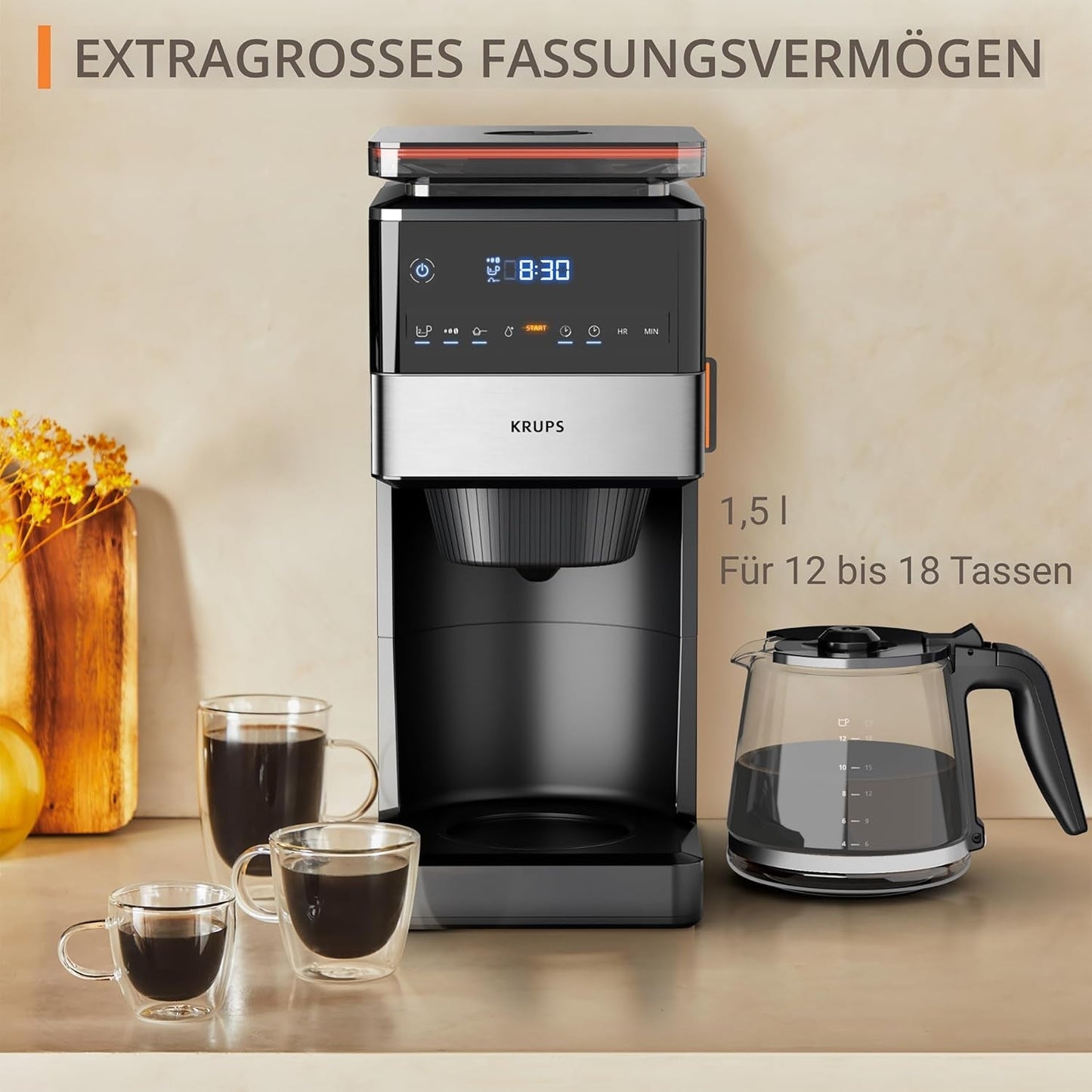 KRUPS Grind Aroma XL Espressomaskine, Aftagelig konisk kværn, Digital Kontrolpanel, XL Kapacitet (1,5 L), Hold varm funktion, Glaskaraffel, Sort/rustfrit stål, KM842810