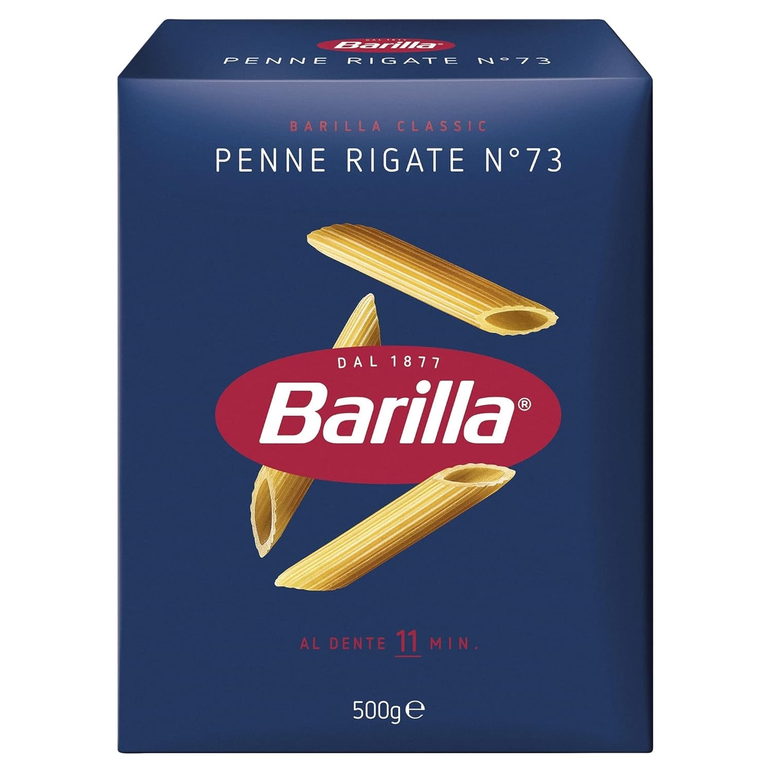 Pasta Barilla Classic Penne Rigate Nr. 73 fra højkvalitets hård hvede, altid al dente (1 x 500 g)