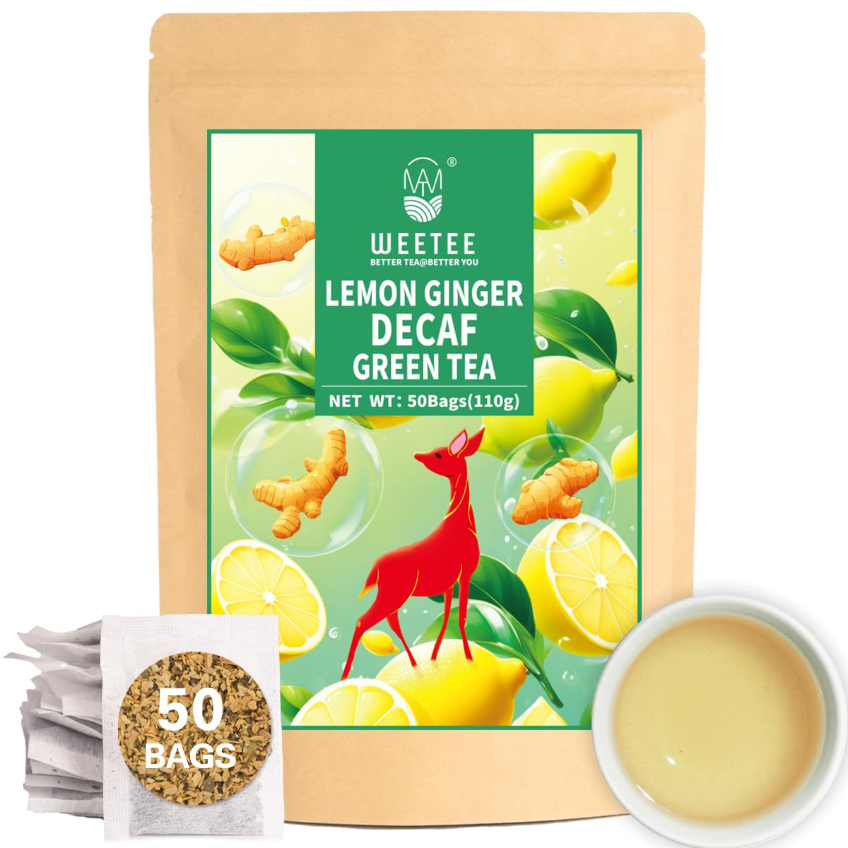 WEETEE grøn teposer, 100 stykker grøn teposer, ren grøn te, super antioxidant | Genlukkelige poser | Varm eller kold tilberedning
