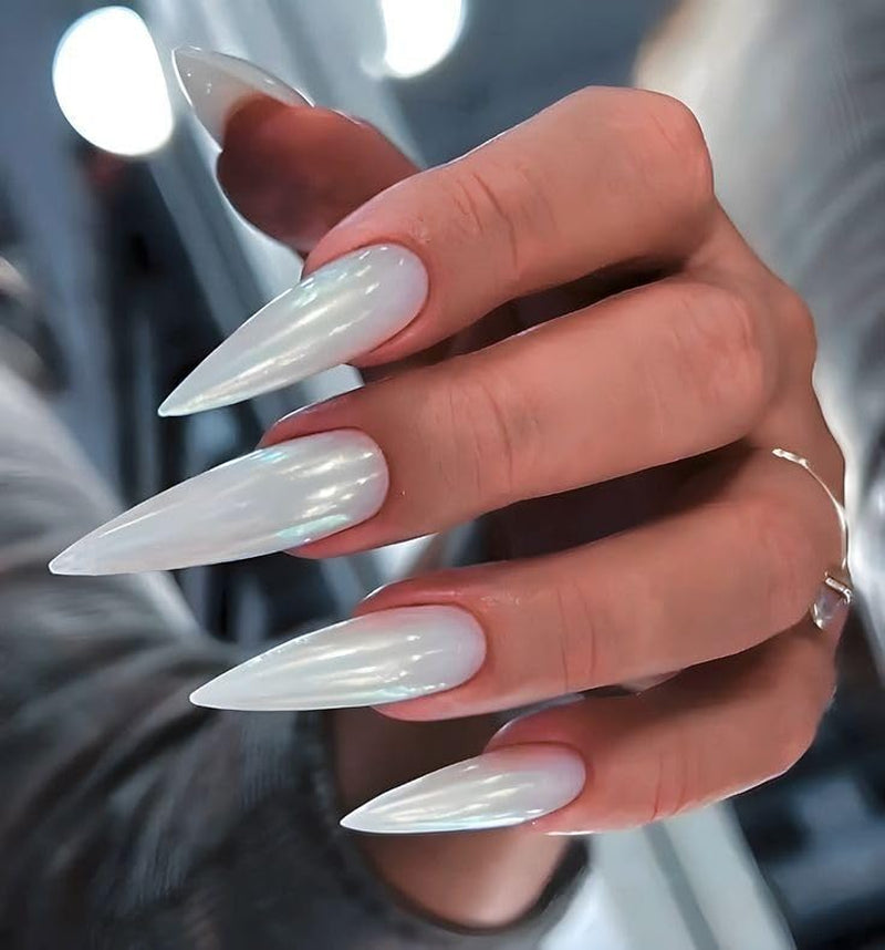 Moonglow Lange Negle Stiletto Mælkehvid Pink Gradient Glitter Cool falske negle med lim Pink Ombre Glitter Kunstige negle