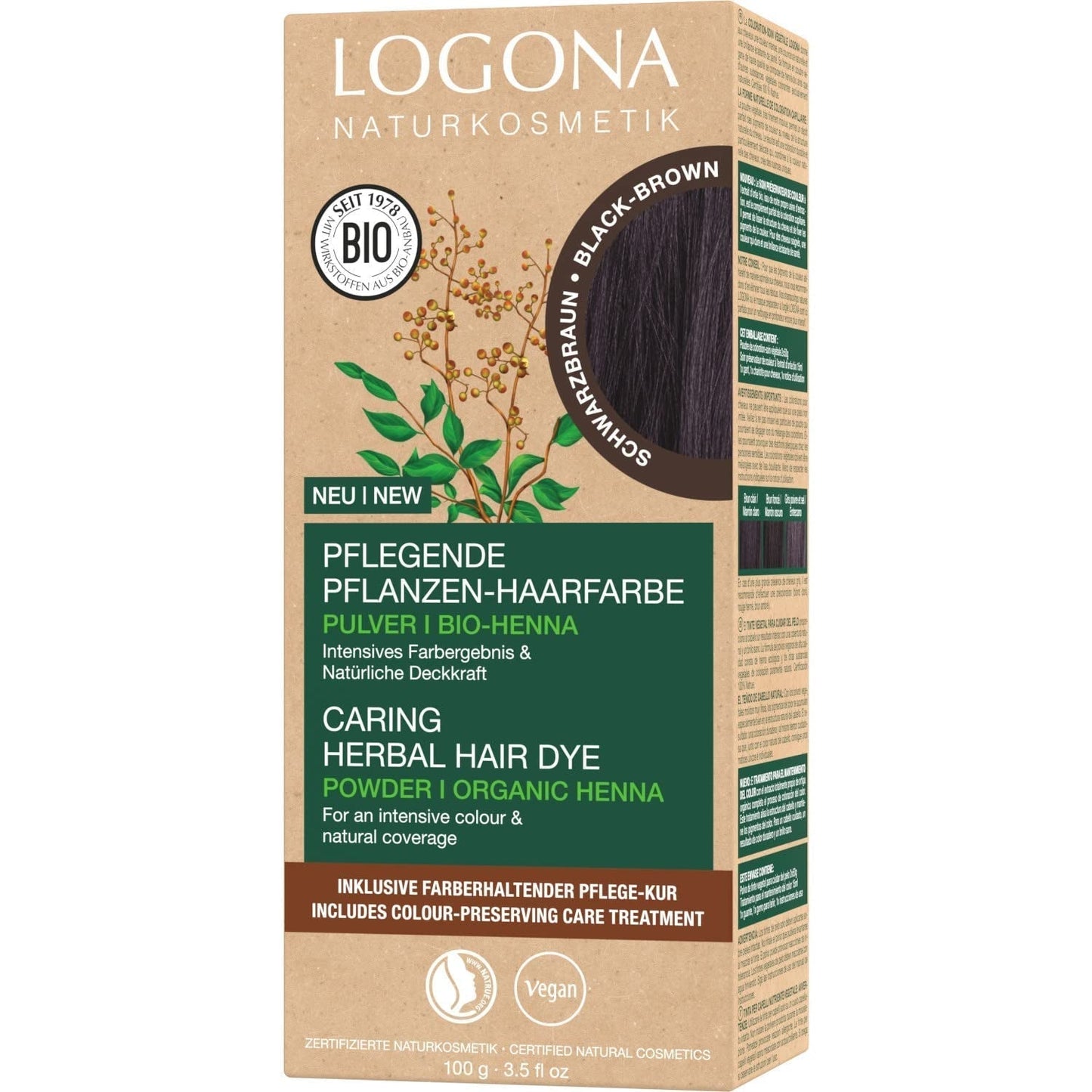 LOGONA Natural Cosmetics Urteplejende hårfarve, økologisk hennapulver Vegansk hårfarve for intens farve og glans, urtefarve i kobberblond (blond), 1 x 100 g Naty Shop-hårfarve sort-brun 100 g (1 pakke)