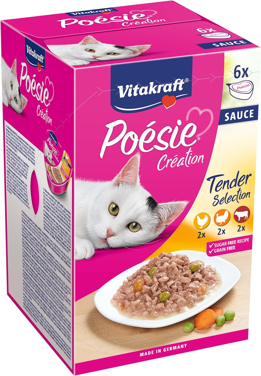 Vitakraft Poésie Création, Tender Selection, Våd kattefoder, Våd kattefoder i sauce, med kylling, med kalkun, med oksekød, uden tilsat sukker og korn (1 pakke á 6 x 85g)