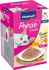 Vitakraft Poésie Création, Tender Selection, Våd kattefoder, Våd kattefoder i sauce, med kylling, med kalkun, med oksekød, uden tilsat sukker og korn (1 pakke á 6 x 85g)